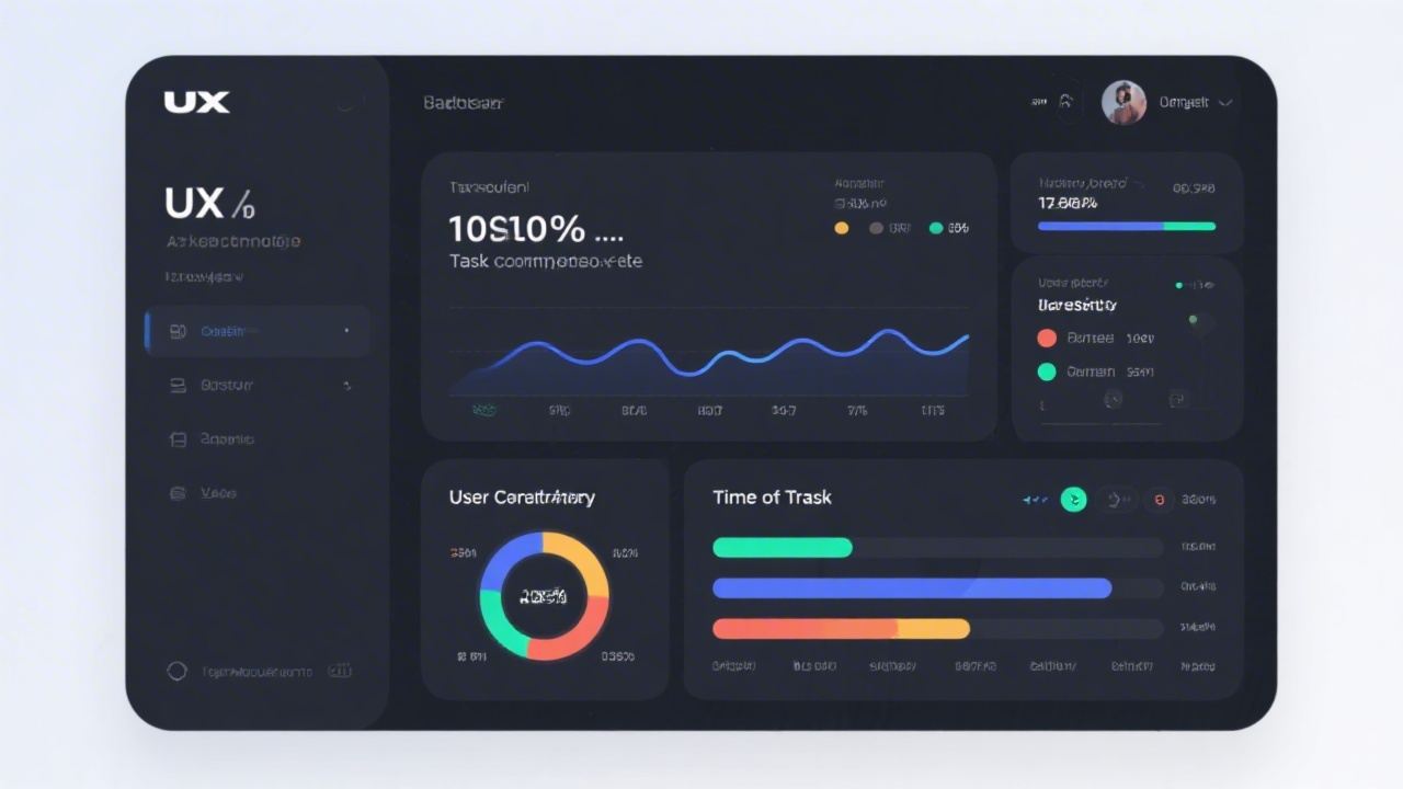 Dashboard with UX metrics showing task completion rate, user satisfaction scores, and time-on-task in a clean visual style.